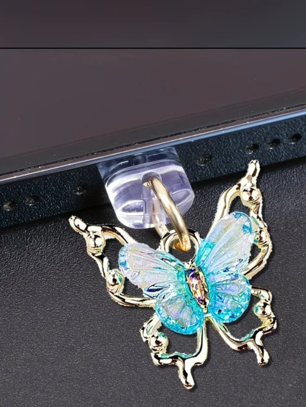 Butterfly IPhone Charm Metal Dust Plug with Iridescent Blue Wings